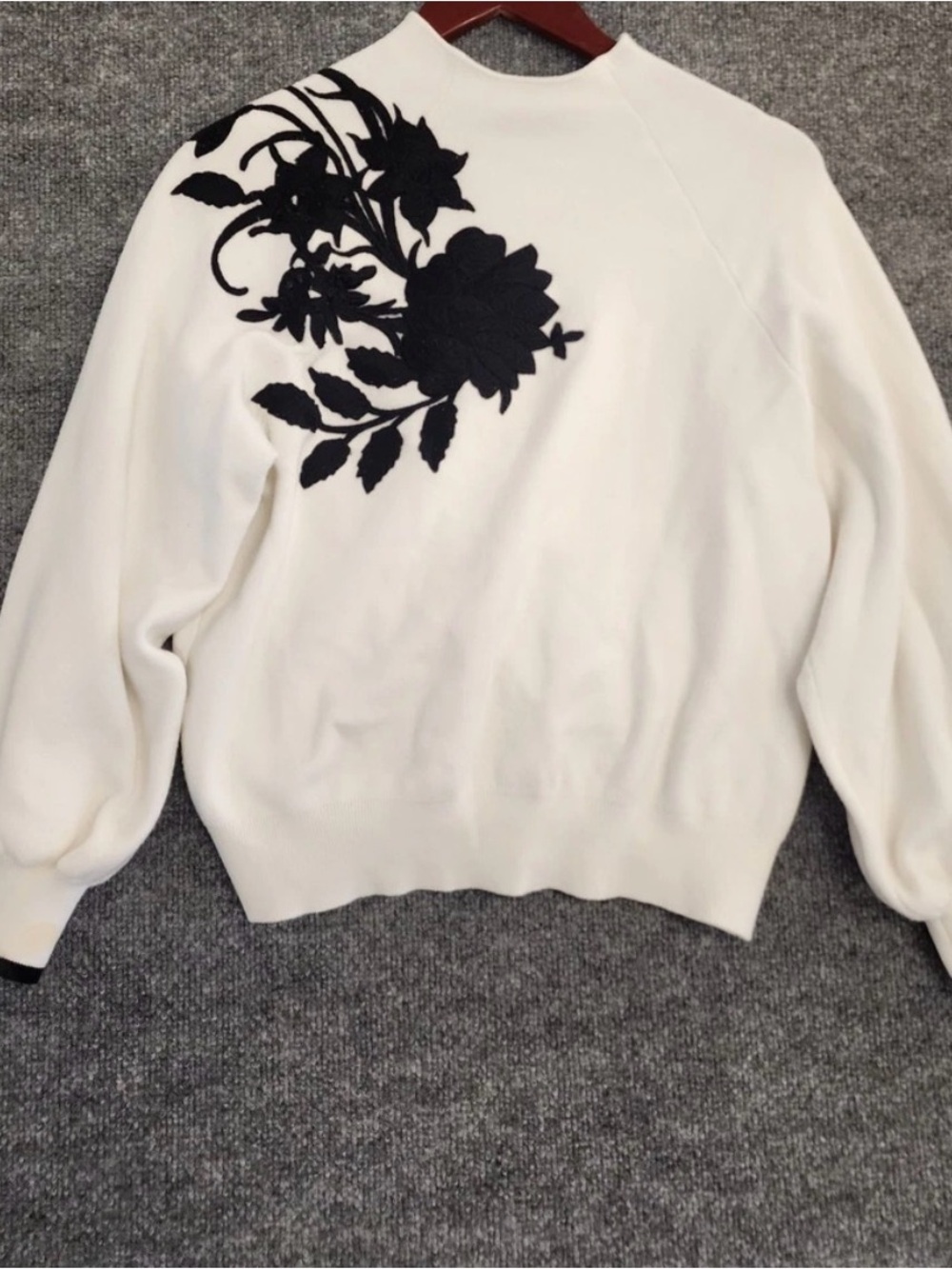 Anthropologie White Crewneck Sweater with Black Floral Applique